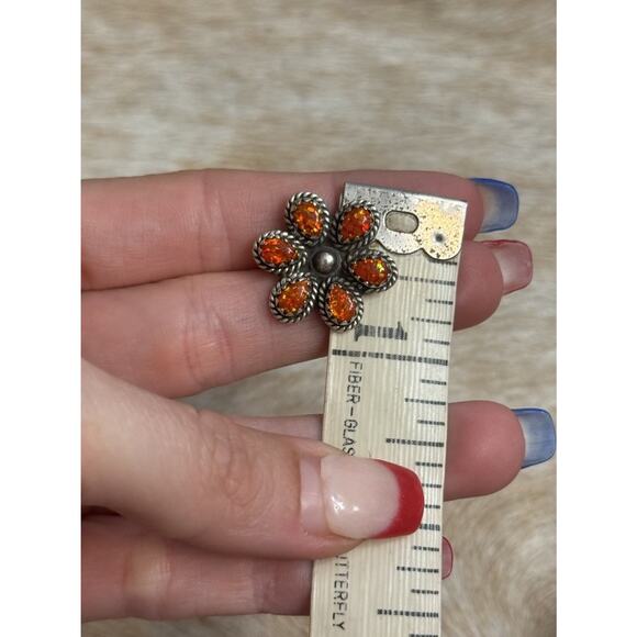 Native American Sterling Silver Orange Opal Flower Cluster Post Stud Earrings - Picture 6 of 13